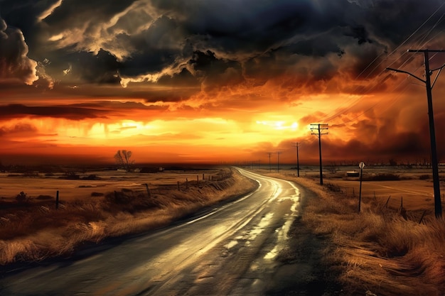 Дорога в поле с закатом солнца и табличкой с надписью "дорога".