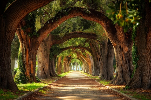 Photo a road flanked by numerous trees on either side creating a captivating natural setting whimsical tree alley in a fairy talelike park ai generated