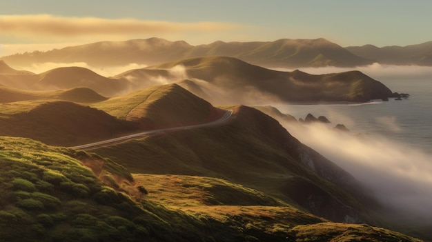 A road in the fog with the sun shining on it