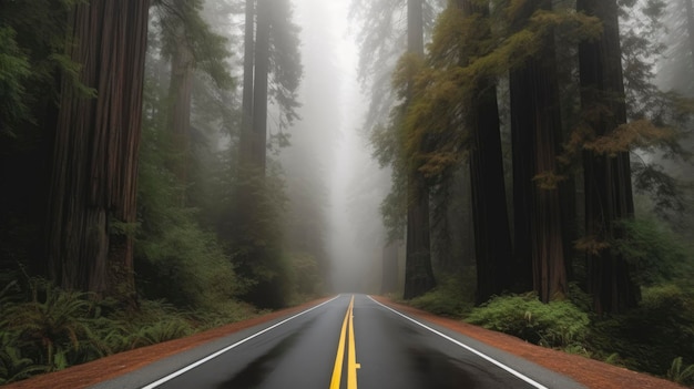 「右への道」と書かれた霧の中の道