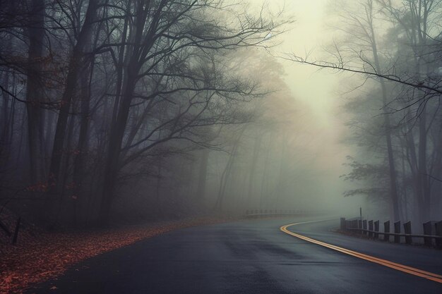 Road in the foggy forest in autumn