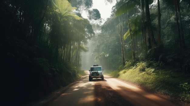 Road in forest with car Illustration AI GenerativexA