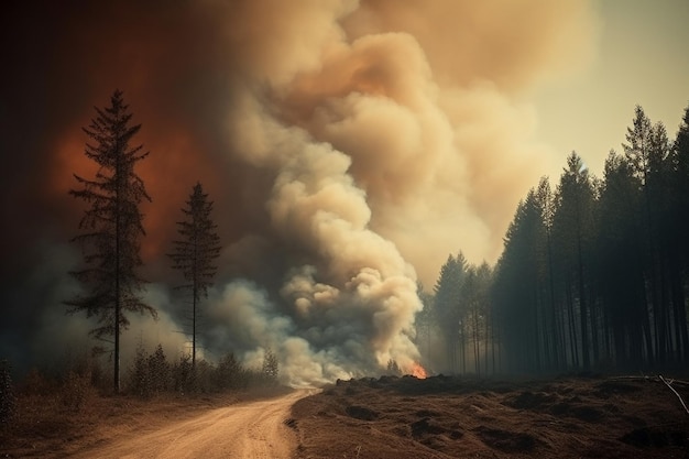 A road in the forest with a fire in the sky