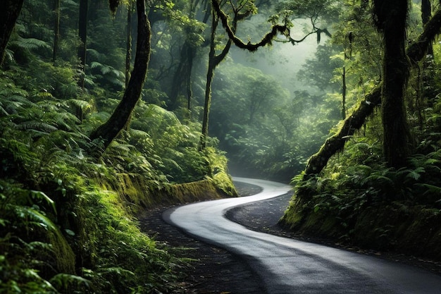 a road in the forest with a road in the background