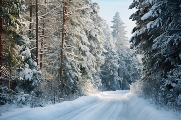 雪に覆われた木々がある森の中の道