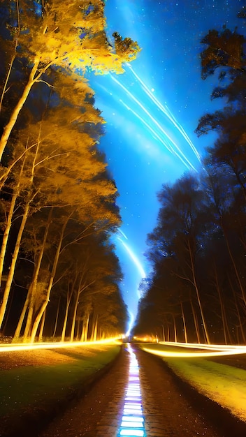 Foto una strada nella foresta con un cielo stellato