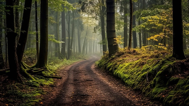 A road in the forest with a tree in the background