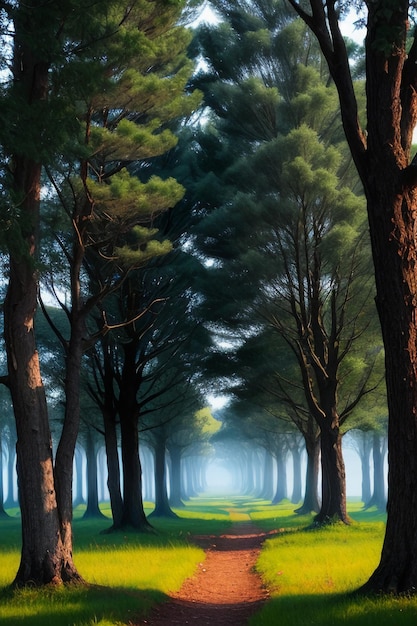 A road in a forest with a tree on the left side