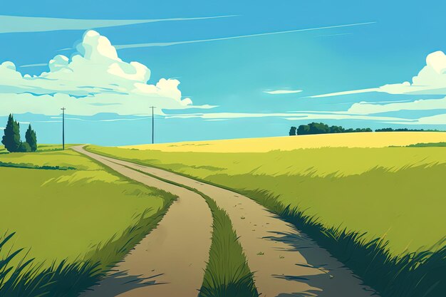 Road framed by green pastures and a beautiful sky