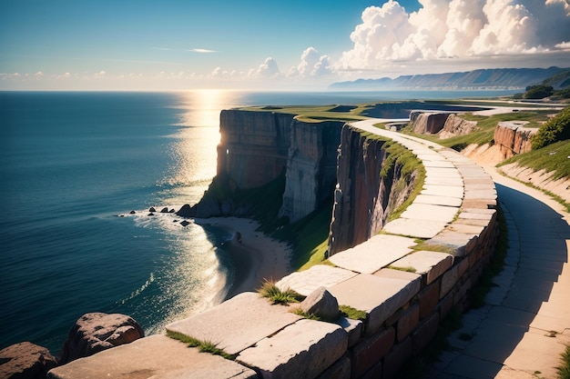 Premium AI Image | A road goes along the cliff edge in the distance.