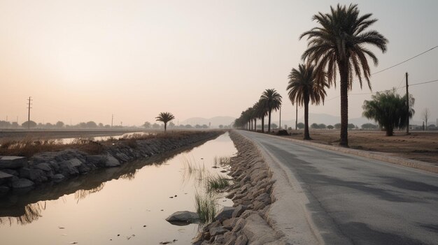 Road going next to a body of water and palm trees Generative AI