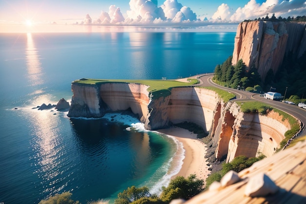 A road going over a cliff with a cliff in the background