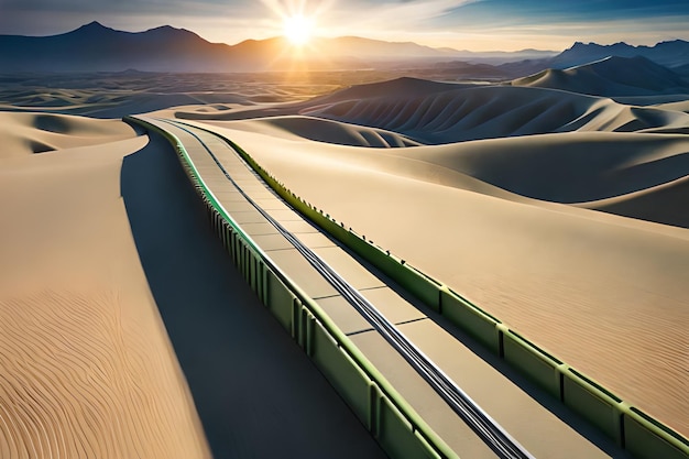 A road going through the desert with a train going through the desert.