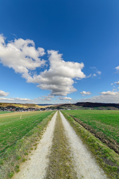 Road going between two large green landscapes under the blue sky