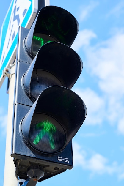 Road green traffic light for pedestrians against the blue sky car traffic signs