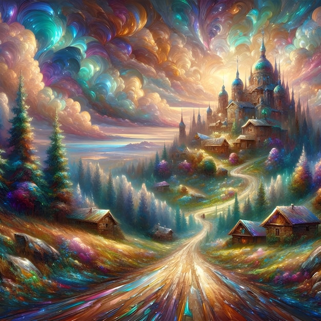 A road in the hills iridescent holographic fantasy acrylic oil ink