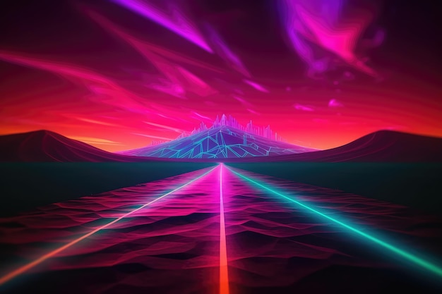 Road to the horizon concept with synthwave colors AI generated