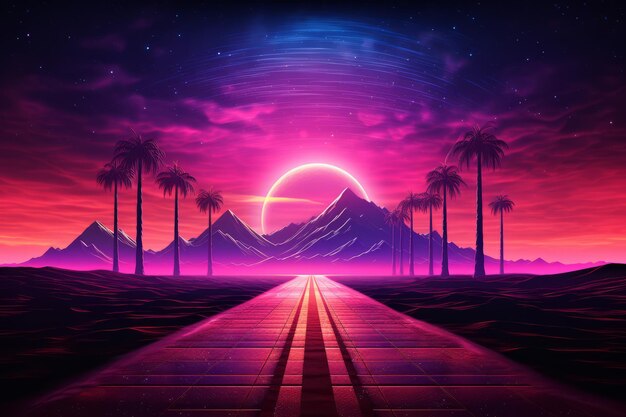 Photo road to the horizon in style with synthwave colorful night