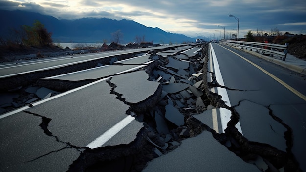 道路がひび割れて亀裂が入っています。