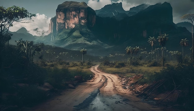 A road in the jungle with mountains in the background