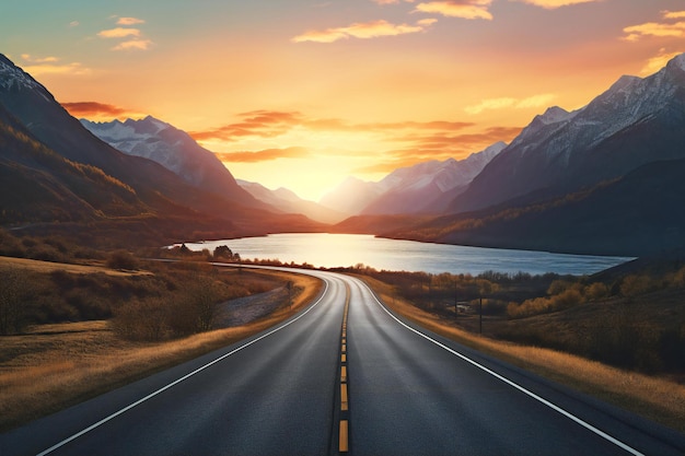 Photo road to the lake at sunset landscape with mountains and road