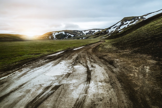 Road to Landmanalaugar on highlands of Iceland.