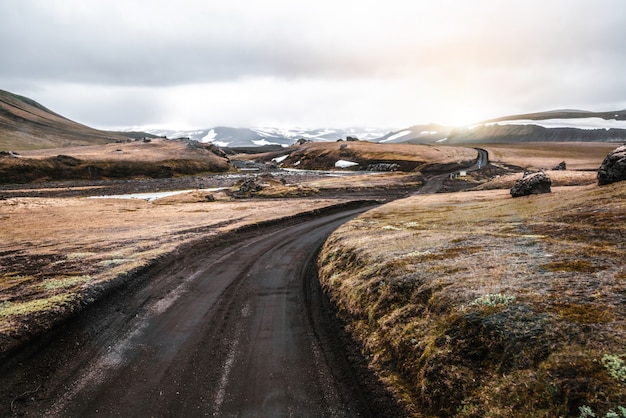 Road to Landmanalaugar on highlands of Iceland.