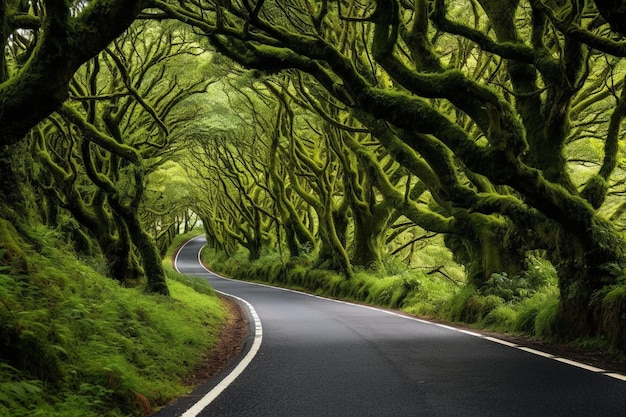 Road among a large vegetation of wild trees in sao miguel azores