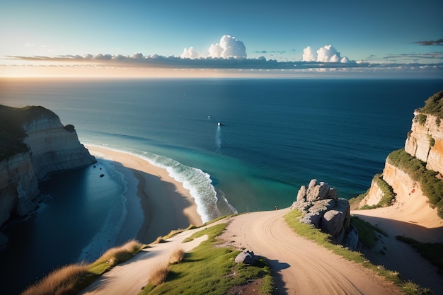 A road leading to a beach with a rocky beach and a cloudy sky.