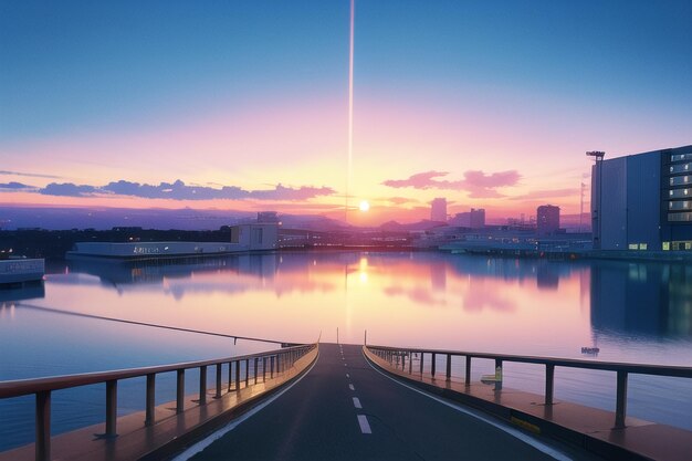 A road leading to a city with a sunset in the background