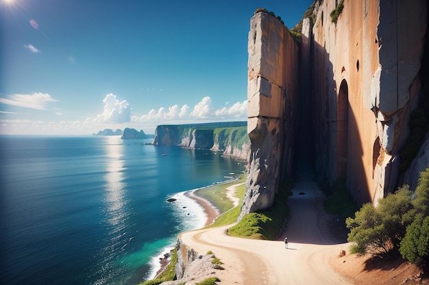 A road leading to a cliff with a blue sky and the sea in the background.