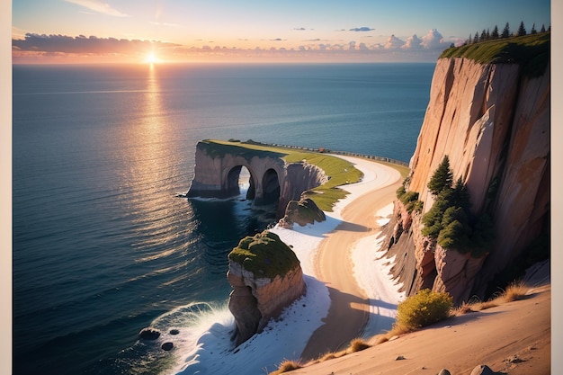 Photo a road leading to a cliff with a cliff in the background