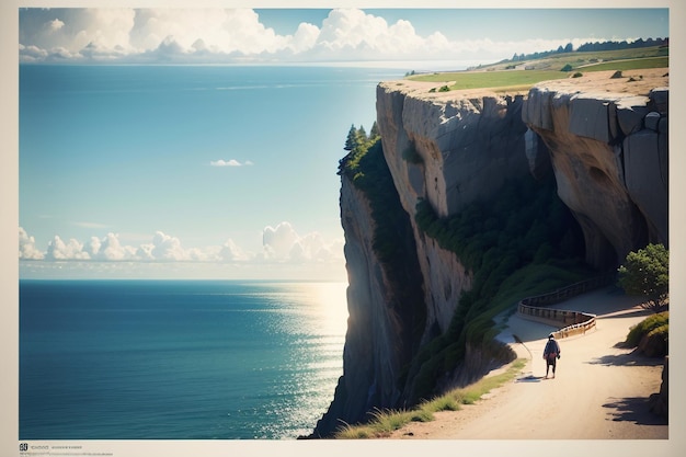 フランス海岸の断崖絶壁に続く道。