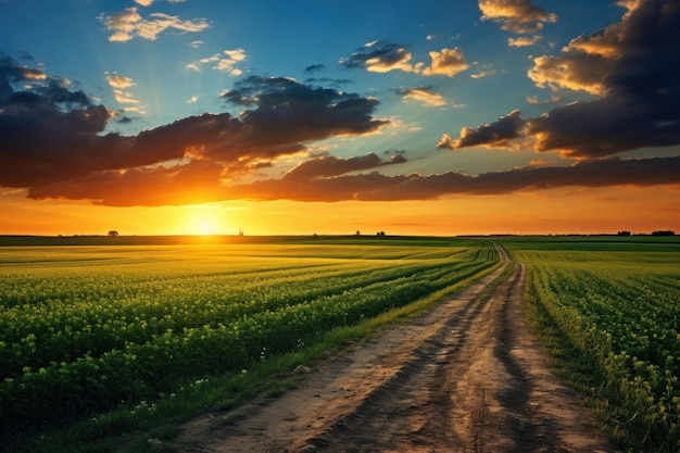 A road leading to a field at sunset Illustration AI GenerativexA