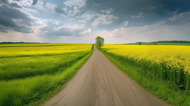 A road leading to a field of yellow flowers