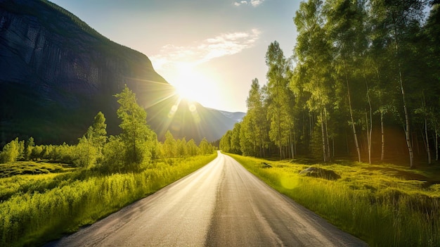 A road leading to a forest with the sun shining down