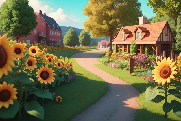 A road leading to a house with a sunflowers on it