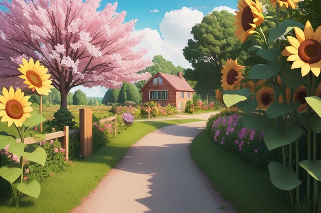 A road leading to a house with a sunflowers on it