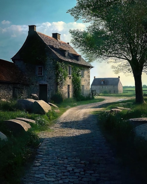 A road leading to a house with a tree in the foreground