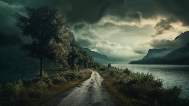 A road leading to a lake with mountains in the background