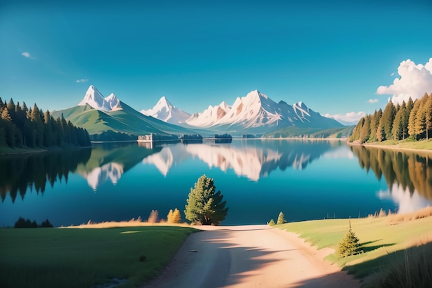 A road leading to a lake with mountains in the background