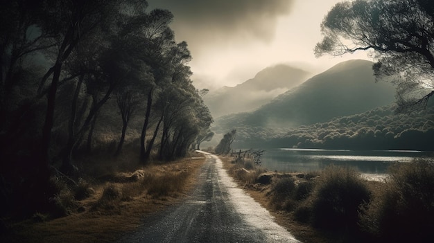 A road leading to a mountain lake with mountains in the background.