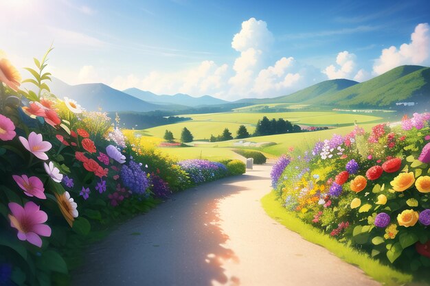 A road leading to a mountain landscape with a flower field and a blue sky with clouds