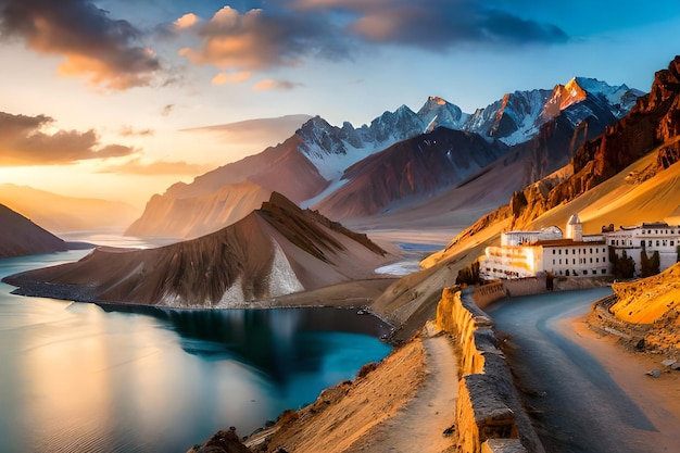 A road leading to a mountain and a mountain with a blue lake and mountains in the background.