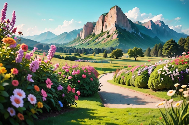 A road leading to a mountain with flowers in the foreground