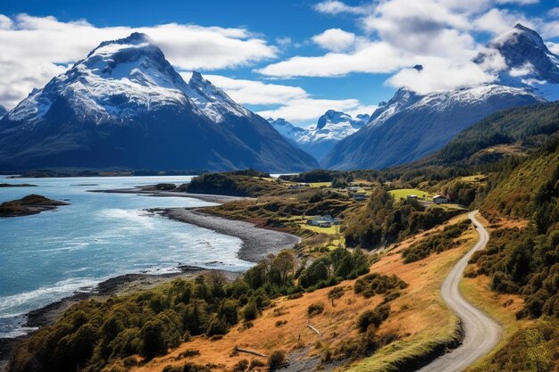 Photo a road leading to a mountain with a road leading to a lake