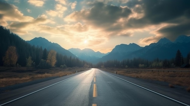 A road leading to the mountains at sunset