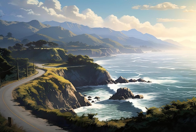 a road leading to the ocean on the pacific coast in the style of landscapefocused