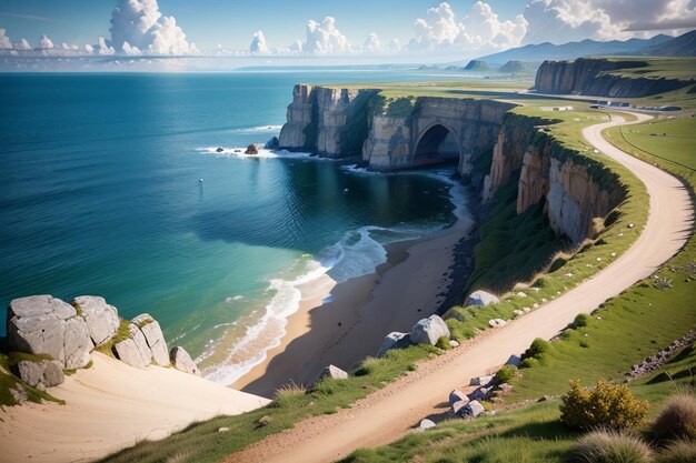 A road leading to the sea with a cliff in the background