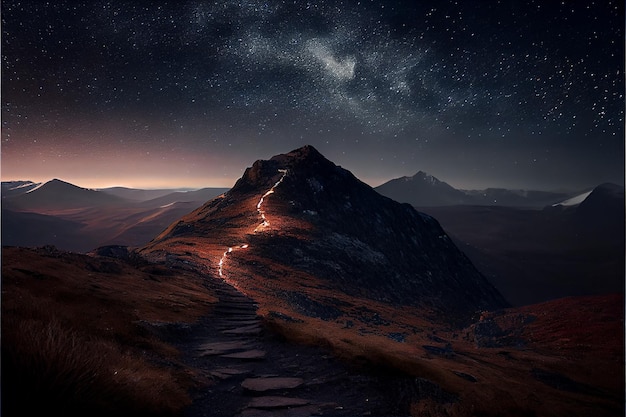 The road leading to the top of the mountain under the starry sky Generative AI